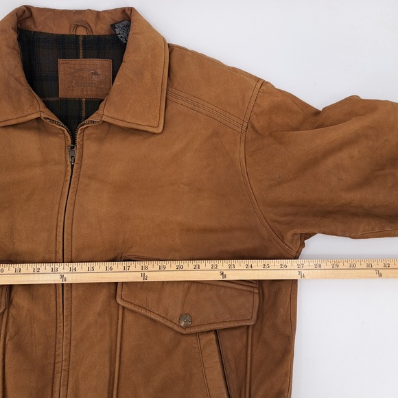 St. John's Bay Leather Bomber Jacket Mens XL Brown Genuine Leather Plaid Lined - Picture 10 of 13